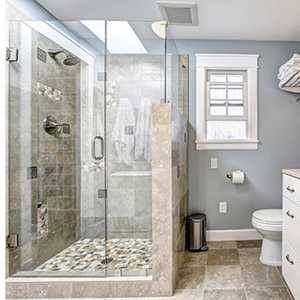 Modern bathroom interior with glass door